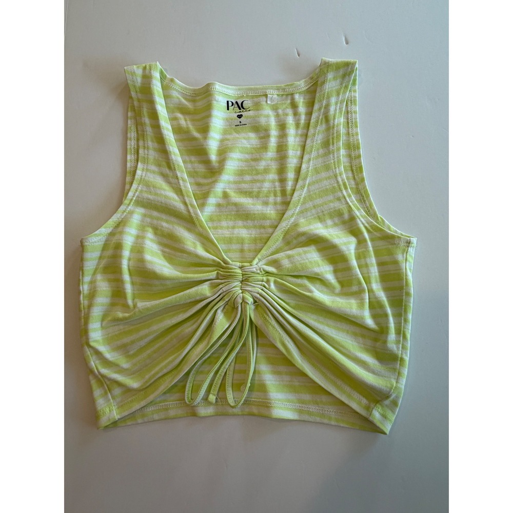 PacCares Eco Lime Green White Striped Ruched Tie Front Crop Tank Top Small